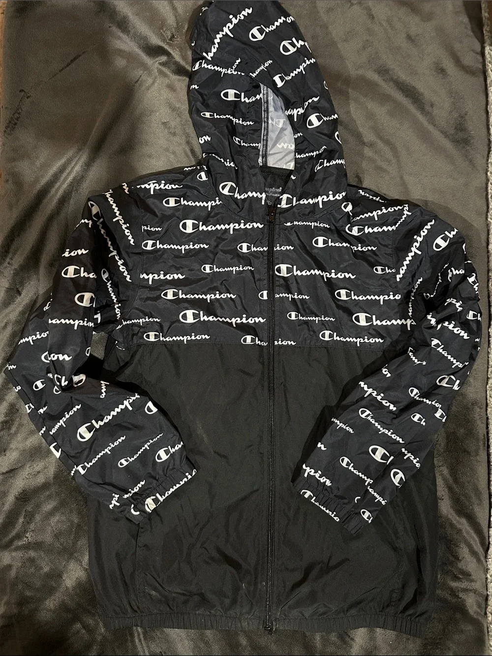 Champion Black and White Logo-Print Hooded Windbreaker